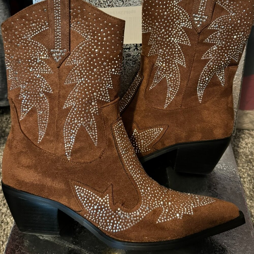 Brown suede rhinestone booties